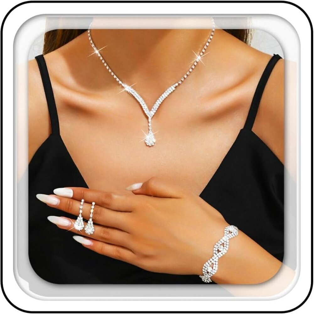 Silver Rhinestone Jewelry Set Bridal Prom Wedding Necklace Earrings Bracelet